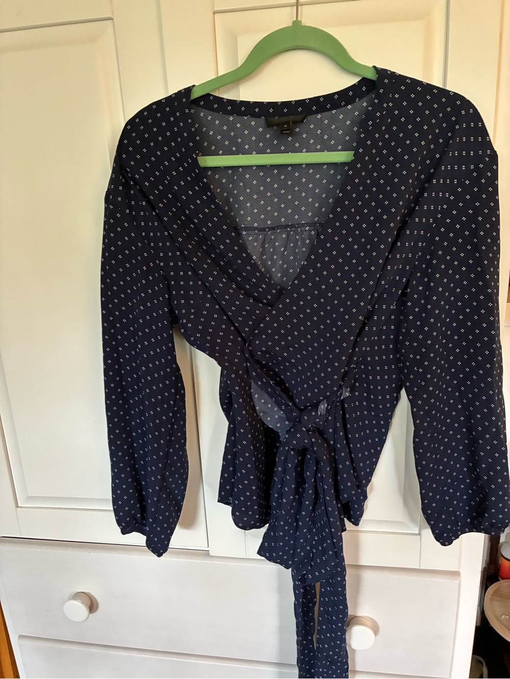 J. Crew Navy Wrap Blouse with White Micro Print